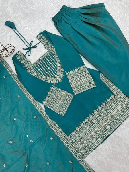 Teal Blue NC Vichitra Silk Farshi Salwar Suit with Embroidery Dori Work for Festive Wear Ready To Wear Collection