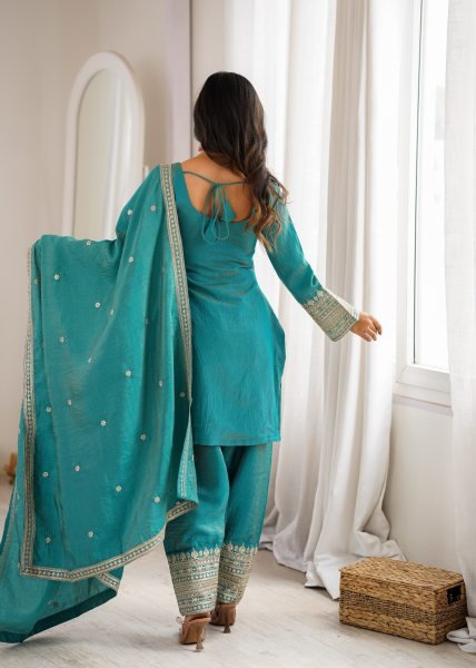 Teal Blue NC Vichitra Silk Farshi Salwar Suit with Embroidery Dori Work for Festive Wear Ready To Wear Collection