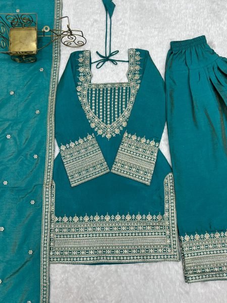 Teal Blue NC Vichitra Silk Farshi Salwar Suit with Embroidery Dori Work for Festive Wear Ready To Wear Collection