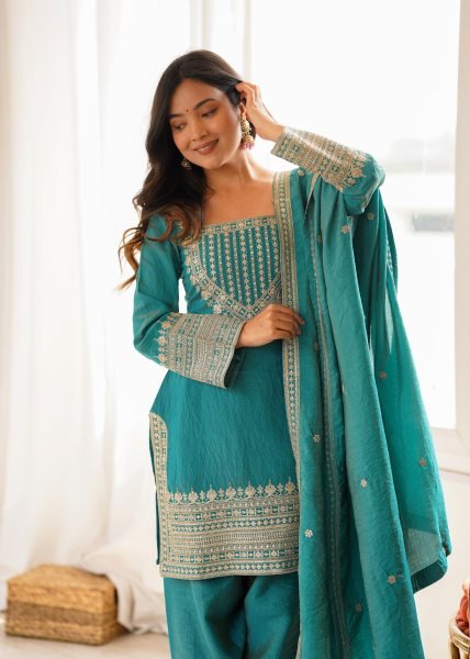 Teal Blue NC Vichitra Silk Farshi Salwar Suit with Embroidery Dori Work for Festive Wear Ready To Wear Collection