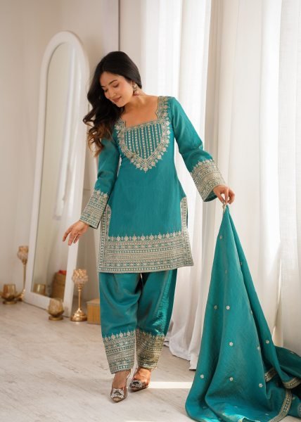 Teal Blue NC Vichitra Silk Farshi Salwar Suit with Embroidery Dori Work for Festive Wear Ready To Wear Collection