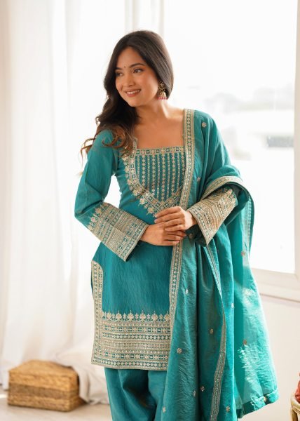 Teal Blue NC Vichitra Silk Farshi Salwar Suit with Embroidery Dori Work for Festive Wear Ready To Wear Collection