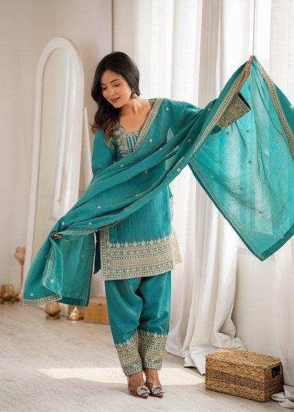 Teal Blue NC Vichitra Silk Farshi Salwar Suit with Embroidery Dori Work for Festive Wear Ready To Wear Collection
