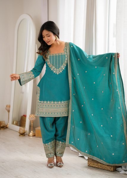Teal Blue NC Vichitra Silk Farshi Salwar Suit with Embroidery Dori Work for Festive Wear Ready To Wear Collection