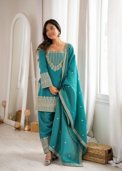 Teal Blue NC Vichitra Silk Farshi Salwar Suit with Embroidery Dori Work for Festive Wear Ready To Wear Collection