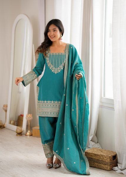 Teal Blue NC Vichitra Silk Farshi Salwar Suit with Embroidery Dori Work for Festive Wear Ready To Wear Collection