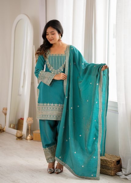 Teal Blue NC Vichitra Silk Farshi Salwar Suit with Embroidery Dori Work for Festive Wear Ready To Wear Collection