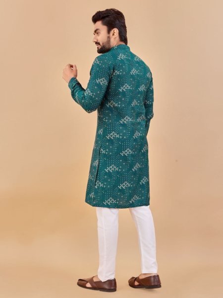 Teal Blue  Premium Soft Cotton Foil Print Mens Kurta Collection  Kurta Pajama Wholesale