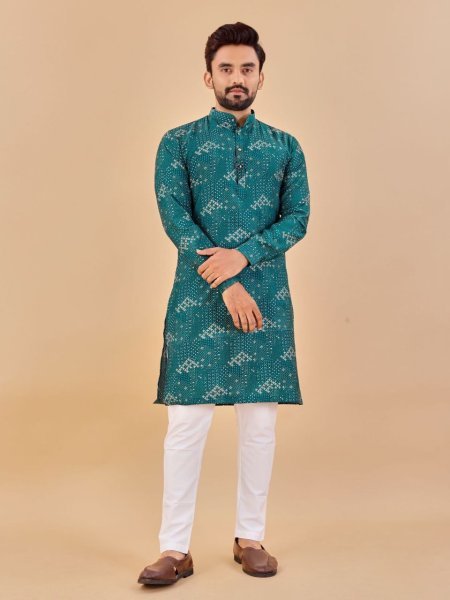 Teal Blue  Premium Soft Cotton Foil Print Mens Kurta Collection  Kurta Pajama Wholesale