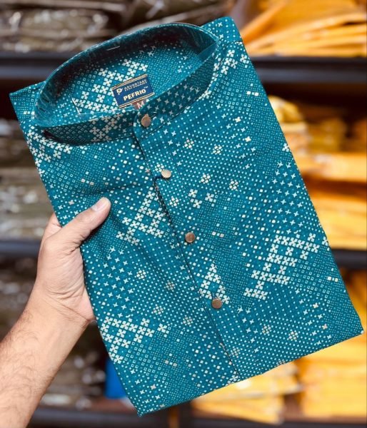 Teal Blue  Premium Soft Cotton Foil Print Mens Kurta Collection  Kurta Pajama Wholesale