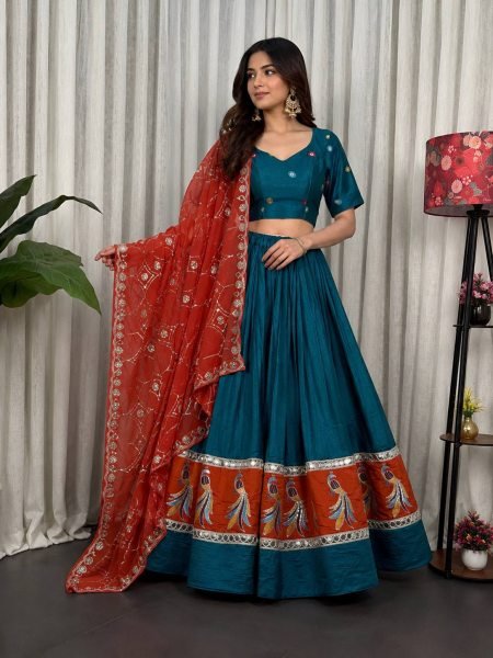 Teal Blue Pure Blooming Vichitra Silk Lehenga Set with Heavy Embroidery  Foil Mirror Work Navratri Lehnega Choli