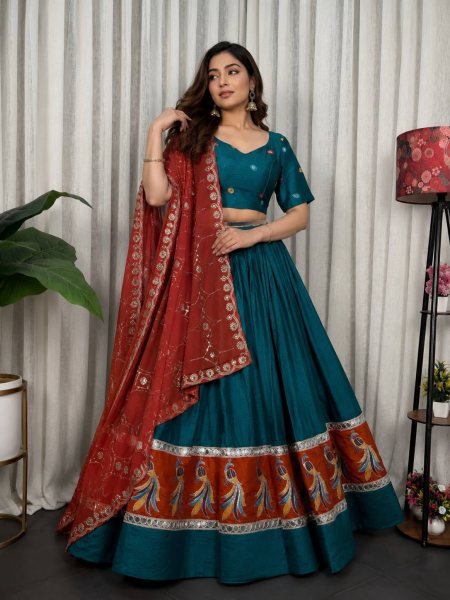 Teal Blue Pure Blooming Vichitra Silk Lehenga Set with Heavy Embroidery  Foil Mirror Work Navratri Lehnega Choli