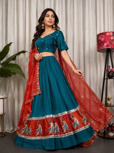 Teal Blue Pure Blooming Vichitra Silk Lehenga Set with Heavy Embroidery  Foil Mirror Work Navratri Lehnega Choli