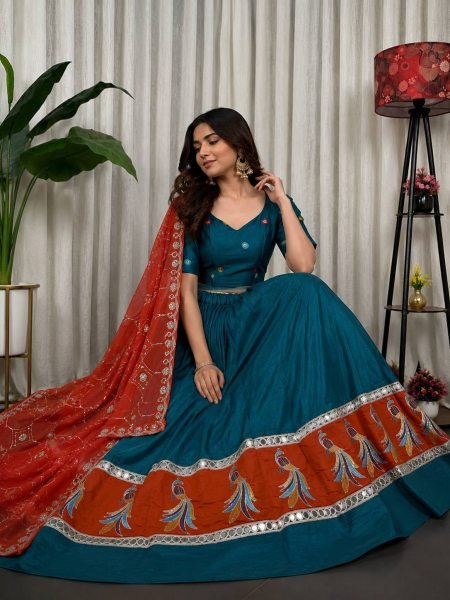 Teal Blue Pure Blooming Vichitra Silk Lehenga Set with Heavy Embroidery  Foil Mirror Work Navratri Lehnega Choli