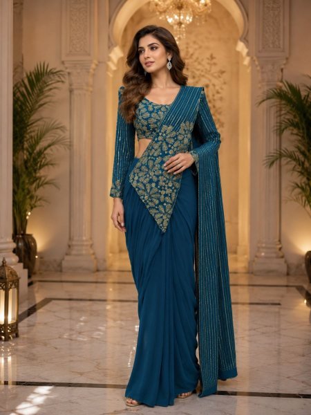 Teal Blue Ready to Wear Faux Georgette Saree with Semi Beads Blouse For Party Sarees 