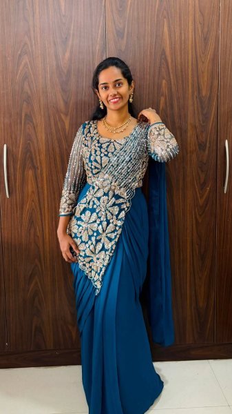 Teal Blue Ready to Wear Faux Georgette Saree with Semi Beads Blouse For Party Ready To Wear Saree 
