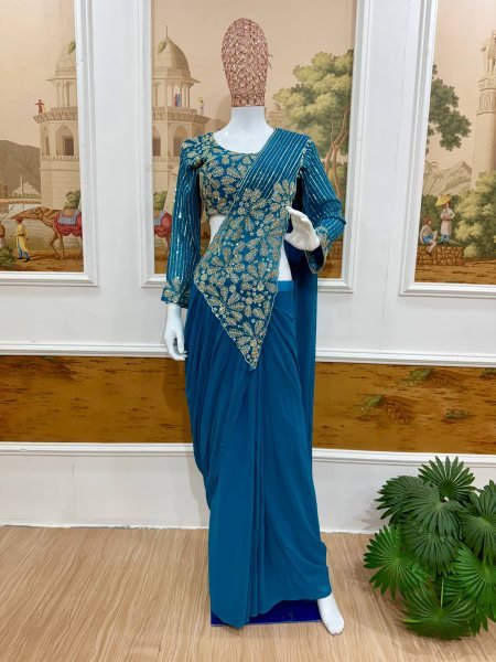 Teal Blue Ready to Wear Faux Georgette Saree with Semi Beads Blouse For Party Ready To Wear Saree 