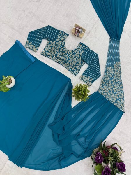 Teal Blue Ready to Wear Faux Georgette Saree with Semi Beads Blouse For Party Ready To Wear Saree 