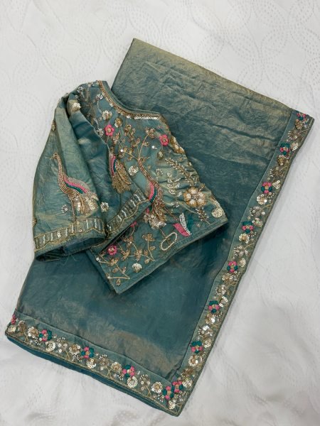 Teal Blue Satin Silk Saree with Heavy Embroidery Blouse at Manufacturer Price Designer Wedding Sarees Wholesale