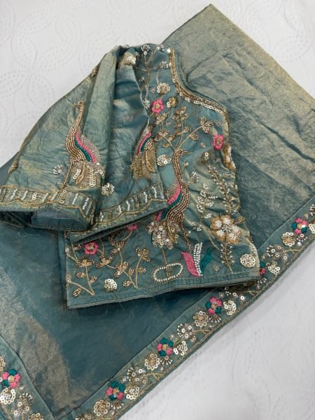Teal Blue Satin Silk Saree with Heavy Embroidery Blouse at Manufacturer Price Designer Wedding Sarees Wholesale