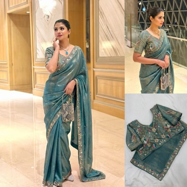 Teal Blue Satin Silk Saree with Heavy Embroidery Blouse at Manufacturer Price Designer Wedding Sarees Wholesale