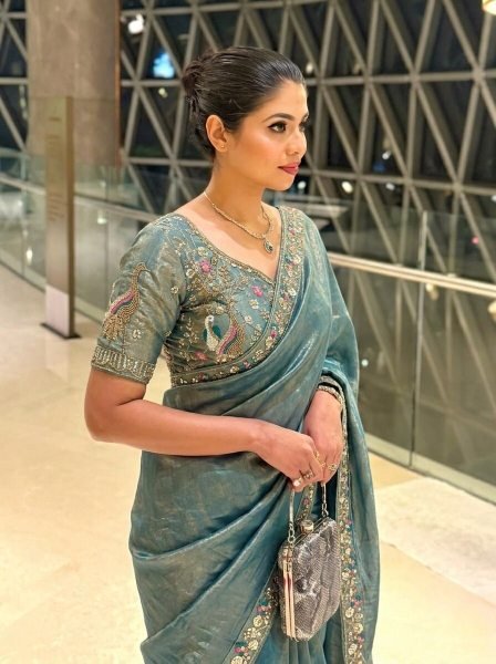 Teal Blue Satin Silk Saree with Heavy Embroidery Blouse at Manufacturer Price Designer Wedding Sarees Wholesale