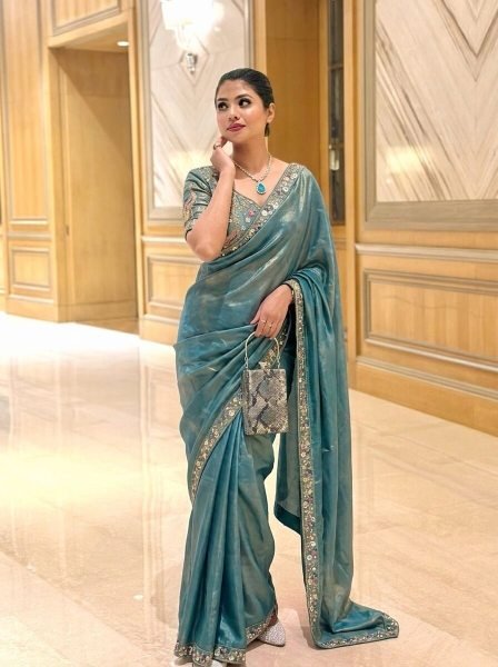 Teal Blue Satin Silk Saree with Heavy Embroidery Blouse at Manufacturer Price Designer Wedding Sarees Wholesale