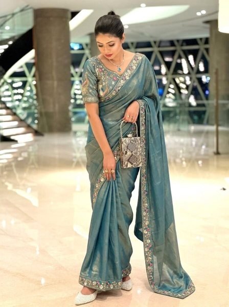 Teal Blue Satin Silk Saree with Heavy Embroidery Blouse at Manufacturer Price Designer Wedding Sarees Wholesale