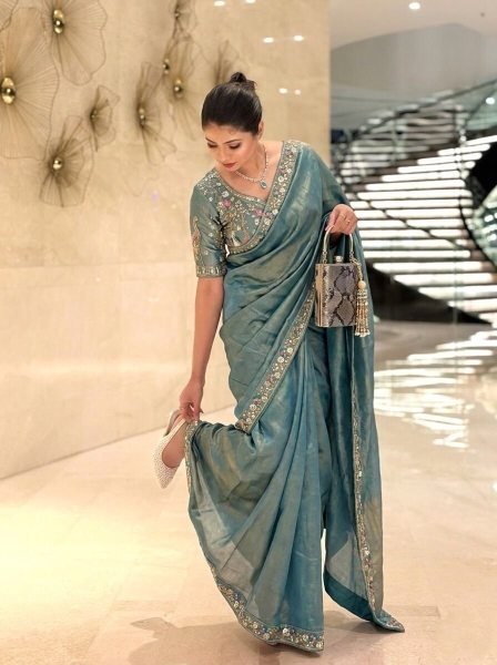 Teal Blue Satin Silk Saree with Heavy Embroidery Blouse at Manufacturer Price Designer Wedding Sarees Wholesale