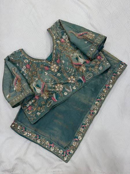 Teal Blue Satin Silk Saree with Heavy Embroidery Blouse at Manufacturer Price Designer Wedding Sarees Wholesale