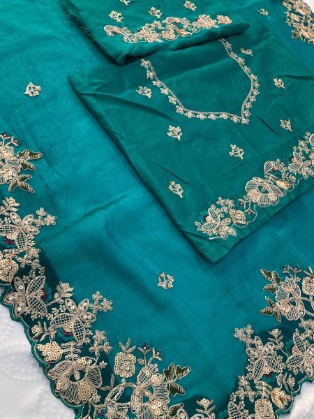 Teal Fendy Chiffon Saree with Embroidery Cutwork Border and Designer Blouse at Low Price Pure Chiffon Sarees Wholesale