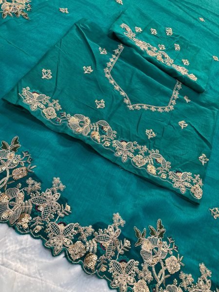 Teal Fendy Chiffon Saree with Embroidery Cutwork Border and Designer Blouse at Low Price Pure Chiffon Sarees Wholesale