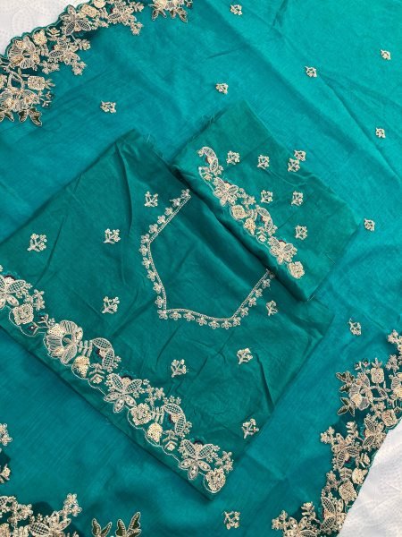 Teal Fendy Chiffon Saree with Embroidery Cutwork Border and Designer Blouse at Low Price Pure Chiffon Sarees Wholesale