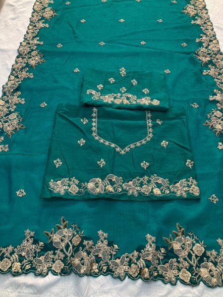 Teal Fendy Chiffon Saree with Embroidery Cutwork Border and Designer Blouse at Low Price Pure Chiffon Sarees Wholesale