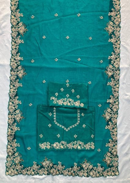 Teal Fendy Chiffon Saree with Embroidery Cutwork Border and Designer Blouse at Low Price Pure Chiffon Sarees Wholesale