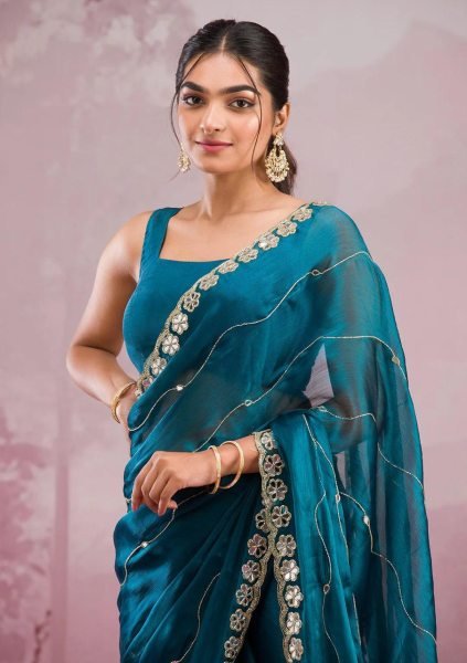 Teal Green Burberry Silk Saree with Mirror Detailing   Luxe Cut Border Embroidery Sarees Wholesale