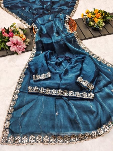 Teal Green Burberry Silk Saree with Mirror Detailing   Luxe Cut Border Embroidery Sarees Wholesale