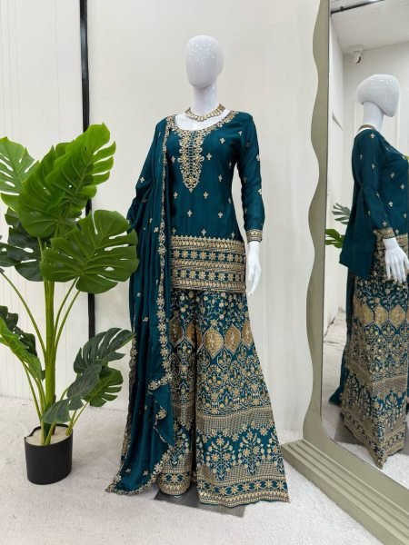 Teal Green Chinon Silk Suit Set With Embroidery Readymade Festive Wear Ready To Wear Collection