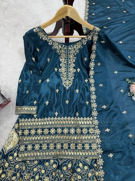 Teal Green Chinon Silk Suit Set With Embroidery Readymade Festive Wear Ready To Wear Collection