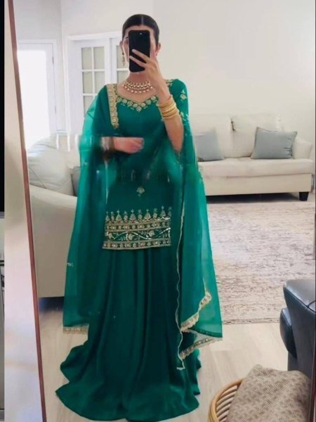 Teal Green Crepe Lehenga with Short Top &  Fancy Net Dupatta Celebration Ready Look Ready To Wear Suit
