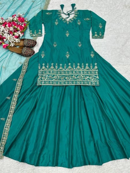 Teal Green Crepe Lehenga with Short Top &  Fancy Net Dupatta Celebration Ready Look Ready To Wear Collection