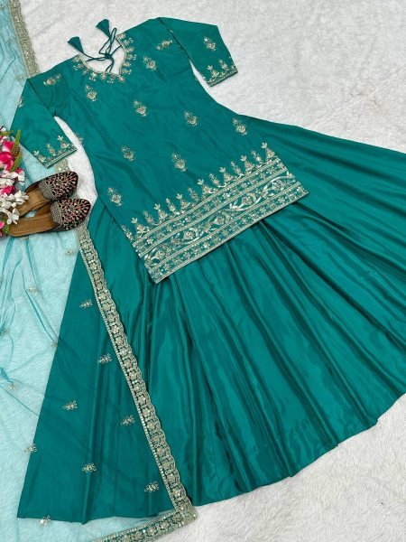 Teal Green Crepe Lehenga with Short Top &  Fancy Net Dupatta Celebration Ready Look Ready To Wear Collection