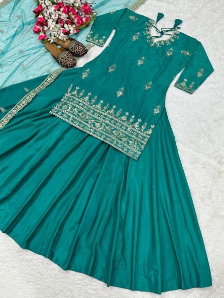 Teal Green Crepe Lehenga with Short Top &  Fancy Net Dupatta Celebration Ready Look Ready To Wear Collection