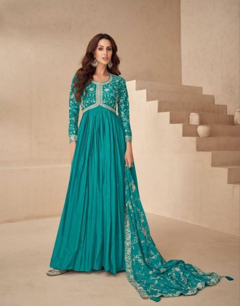 Aashirwad Teal Green Chinnon Silk Anarkali Suit Stylish Occasion Wear for Women Anarakali Gown Wholesale