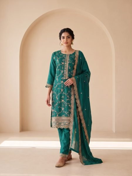 Teal Green Designer Chinon Silk Readymade Suit with Heavy Sequence Work at Wholesale Rate Salwar Kameez