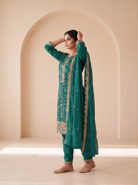 Teal Green Designer Chinon Silk Readymade Suit with Heavy Sequence Work at Wholesale Rate Embroidery Suits Wholesale