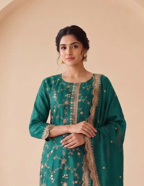 Teal Green Designer Chinon Silk Readymade Suit with Heavy Sequence Work at Wholesale Rate Embroidery Suits Wholesale