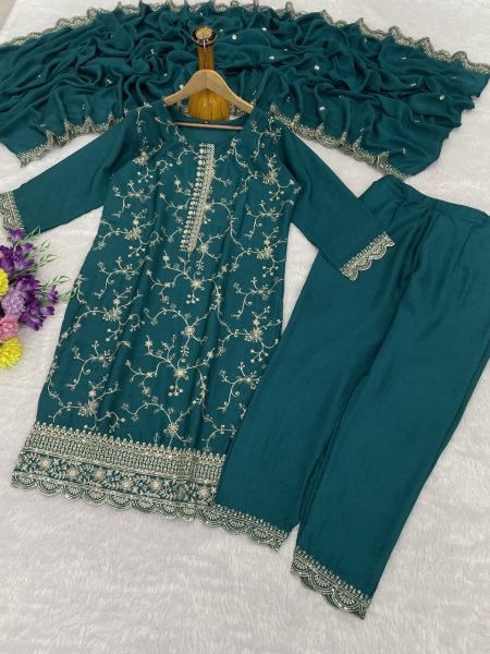 Teal Green Designer Chinon Silk Readymade Suit with Heavy Sequence Work at Wholesale Rate Embroidery Suits Wholesale