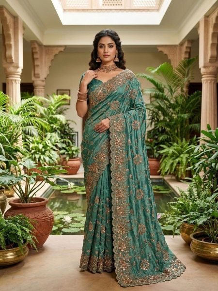 Teal Green Fandy Satin Silk Saree with Copper Sequins Work for Wedding Wear Sarees 