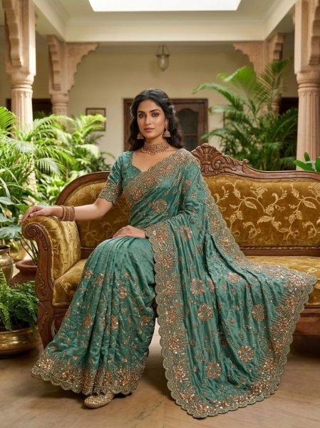 Teal Green Fandy Satin Silk Saree with Copper Sequins Work for Wedding Wear Silk Sarees Wholesale